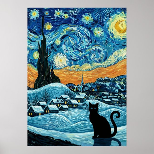 Affiche Chat Nuit Étoilée Inspiré de Van Gogh Ciel Étoilé (Devant)