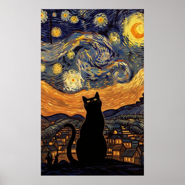 Affiche Chat Nuit Étoilée Inspiré du Ciel Étoilé de Van Go (Devant)