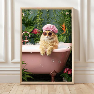 Affiche Chat orange dans une baignoire rose affiche, Affic