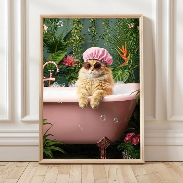 Affiche Chat orange dans une baignoire rose affiche, Affic (Créateur téléchargé)