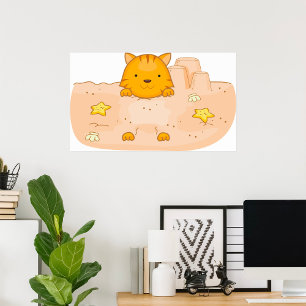 Affiche Chat orange dans une scène de plage avec un châtea