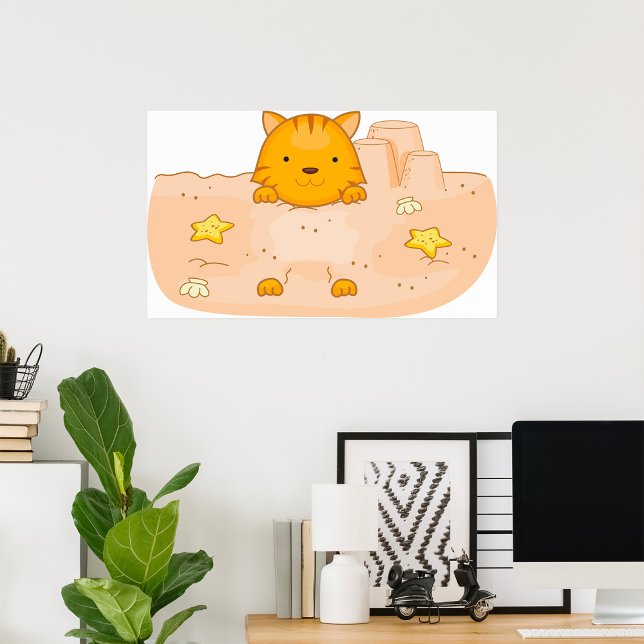 Affiche Chat orange dans une scène de plage avec un châtea (Créateur téléchargé)