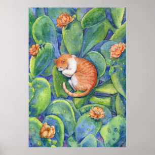 Affiche Chat orange dormant parmi les cactus d'art