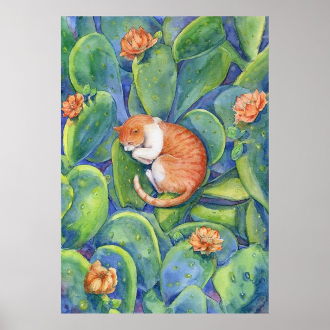 Affiche Chat orange dormant parmi les cactus d'art (Devant)