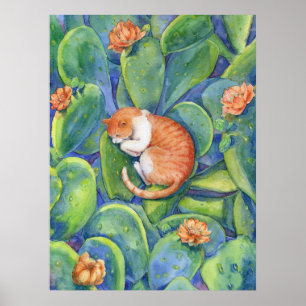 Affiche Chat orange dormant parmi les cactus en fleurs Bea