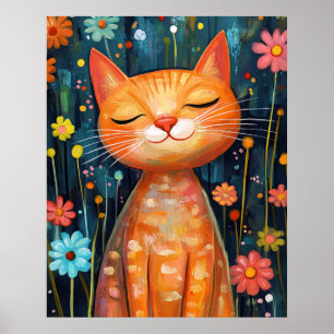 Affiche Chat orange heureux fleurs fantaisistes