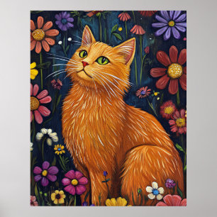 Affiche Chat orange parmi des fleurs colorées