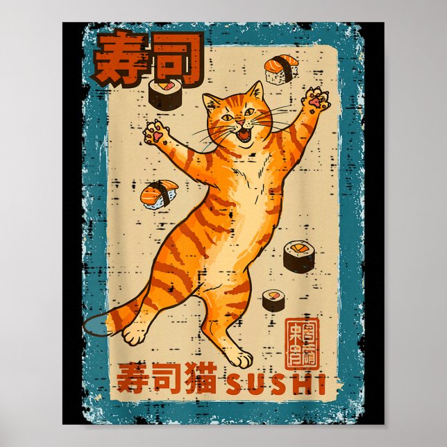 Affiche Chat Orange Saute Avec Nourriture Japonaise Sushi  (Devant)