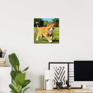 Affiche Chat orange tigré réaliste dans une prairie ensole