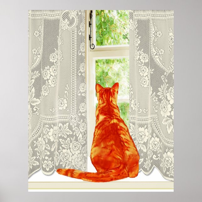 Affiche Chat orange Vue sur la fenêtre Art traditionnel (Devant)