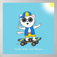 Chat patineur heureux habillé en bleu et jaune.