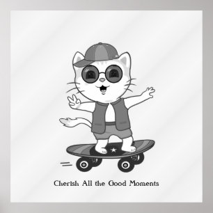 Affiche Chat patineur heureux sur des lunettes gris argent