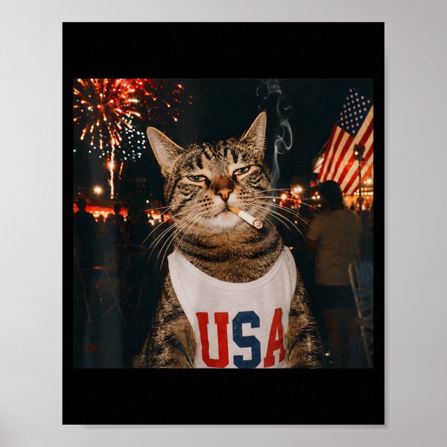 Affiche Chat patriotique du 4 juillet fumant une cigarette (Devant)