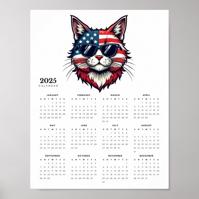 Affiche Chat patriotique en Rouge, Blanc et Bleu Calendrie (Devant)