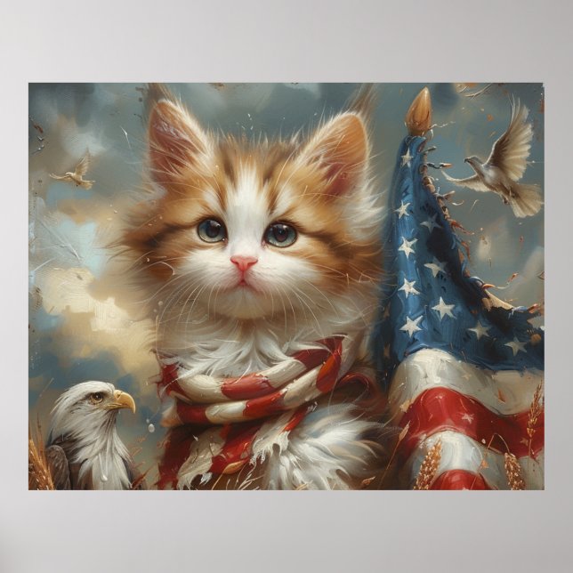Affiche Chat patriotique mignon enveloppé dans un drapeau  (Devant)