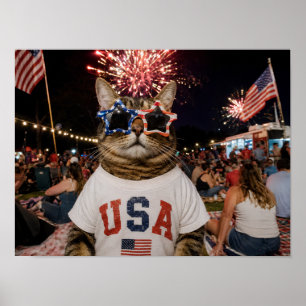Affiche Chat patriotique USA avec lunettes de soleil en fo