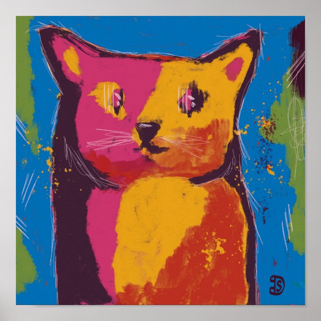 Affiche Chat, peinture numérique abstraite, couleurs vives (Devant)