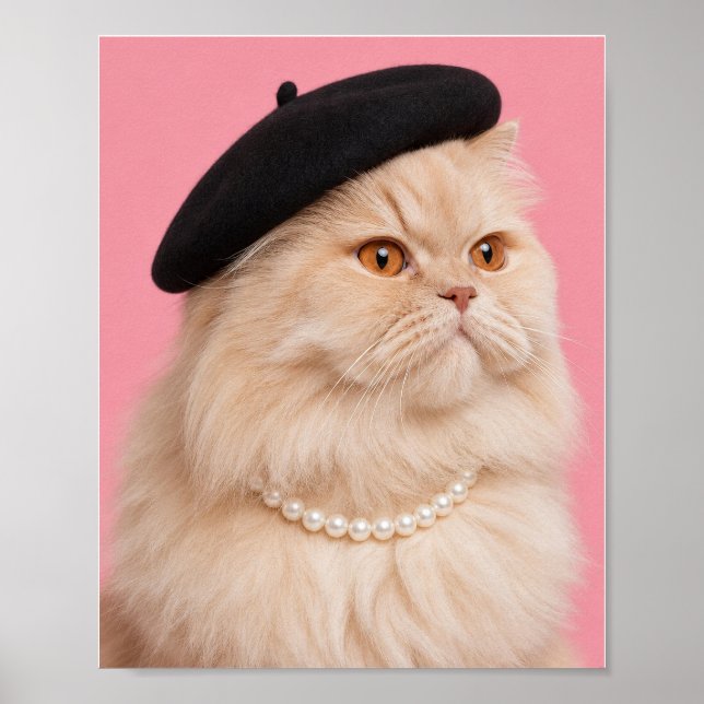 Affiche Chat Persan au collier de perles et bérêt (Devant)