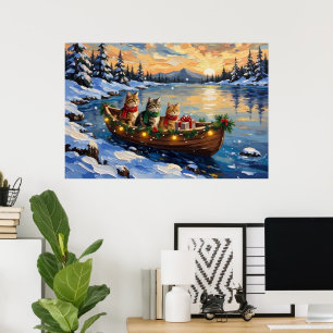 Affiche Chat Persan Noël Bateau Fêtes