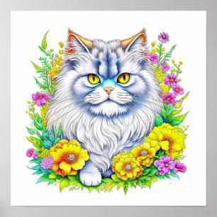 Affiche Chat perse en Fleurs Jaunes et Roses