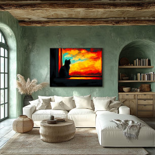 Affiche Chat Pop Art au coucher du soleil - Vue de la fenê