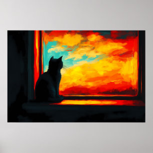 Affiche Chat Pop Art au coucher du soleil - Vue de la fenê
