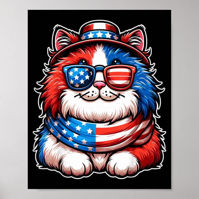 Affiche Chat portant des lunettes de soleil drapeau améric (Devant)
