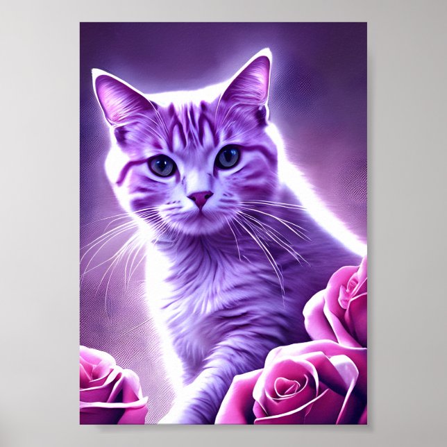 Affiche Chat pourpre appelé Lavender avec roses (Devant)