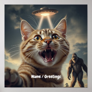 Affiche Chat prenant un selfie avec un OVNI et Bigfoot Cad