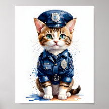 Chat Pussy mignon en Police Uniforme Aquarelle Art