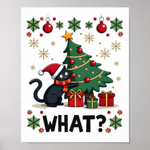 Affiche Chat Quel Drôle De Chat Noir Poussant Arbre De Noë
