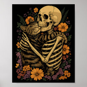Affiche Chat qui embrasse un squelette Fleurs Halloween Am