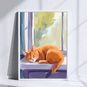 Affiche Chat qui fait la sieste Chaton orange aquarelle