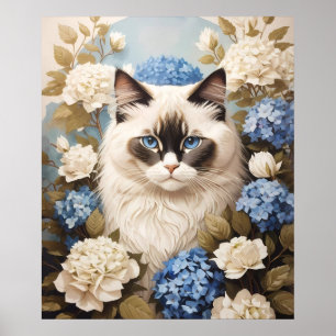 Affiche Chat Ragdoll Avec Fleurs Bleues D'Hydrangée