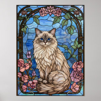 Affiche Chat Ragdoll Mosaïque Florale en Verre Cathédrale