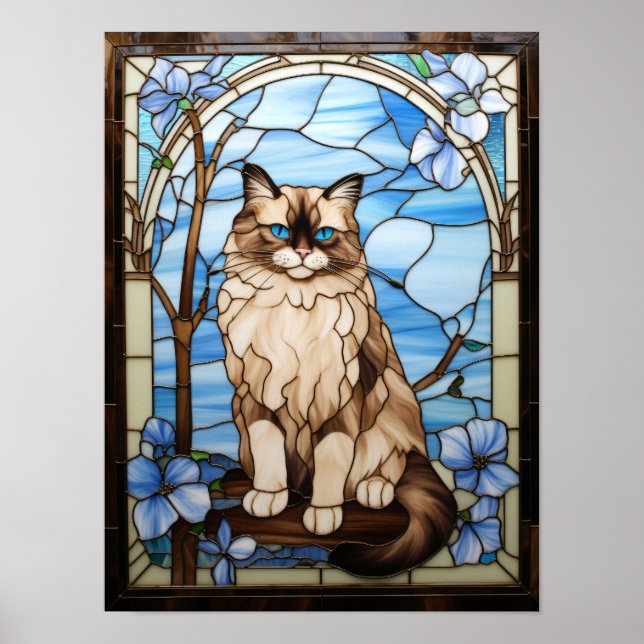 Affiche Chat Ragdoll Vitrail aux Fleurs Bleues (Devant)