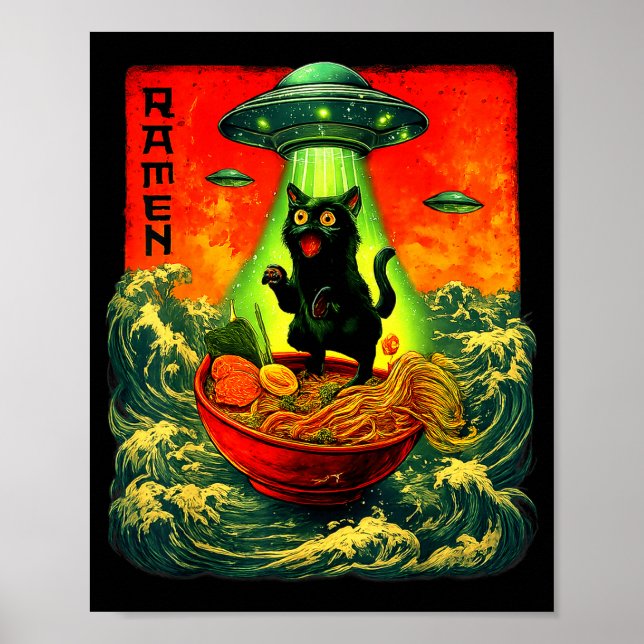 Affiche Chat Ramen Alien Ufo Art Rétro Cadeaux Hommes F (Devant)