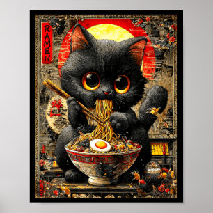 Affiche Chat Ramen Drôle Amoureux de Nouilles Anime Otaku