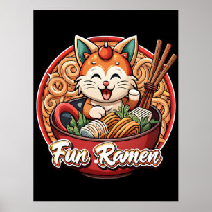 Affiche Chat Ramen Kawaii Rétro Gravure Japonaise Nouilles