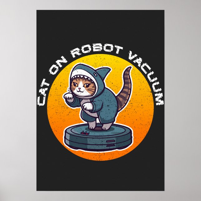 Affiche Chat Requin Drôle Sur Aspirateur Robot Art Mème Ré (Devant)