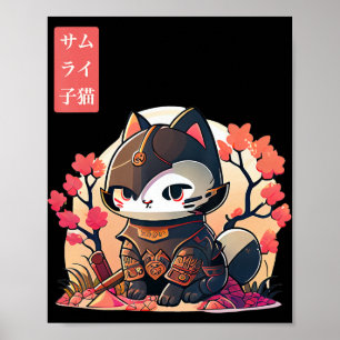 Affiche Chat rétro Kawaii Samurai avec cerisier en fleurs