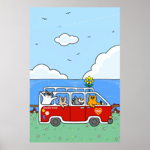 Affiche Chat Rétro Planche de Surf Van Drôle d'Atmosphère