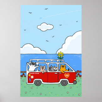 Affiche Chat Rétro Planche de Surf Van Drôle d'Atmosphère 