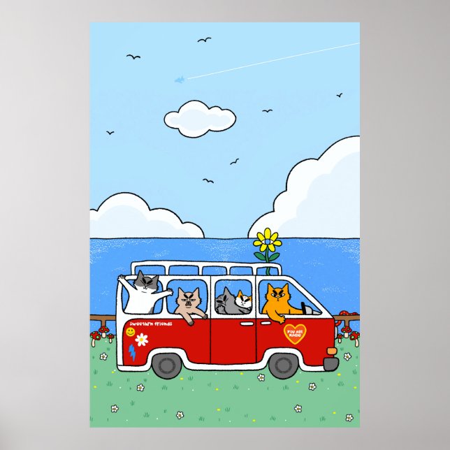Affiche Chat Rétro Planche de Surf Van Drôle d'Atmosphère  (Devant)