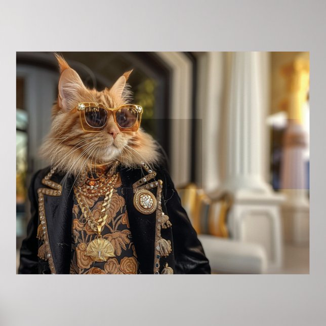 Affiche Chat riche debout devant un manoir (Devant)