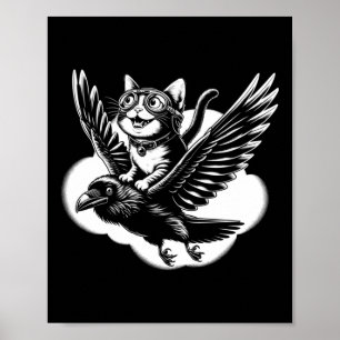Affiche Chat Riding A Crow _ Chat Sur Flying Raven Drôle T