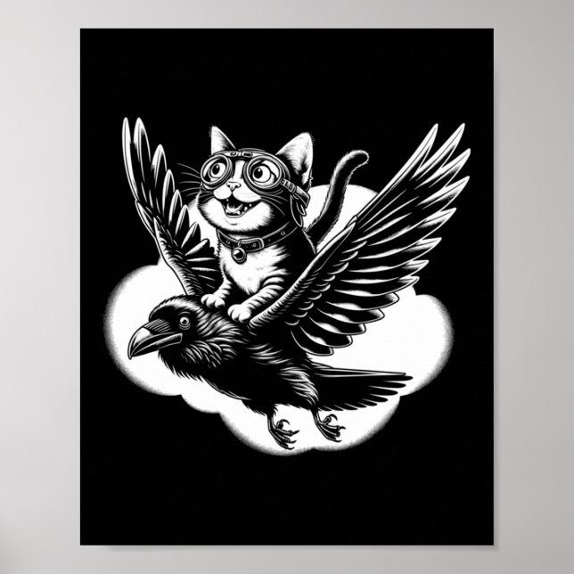 Affiche Chat Riding A Crow _ Chat Sur Flying Raven Drôle T (Devant)