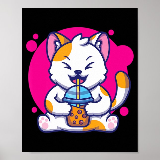 Affiche Chat Rire Neko Kawaii Boba Thé En Style Anime (Devant)