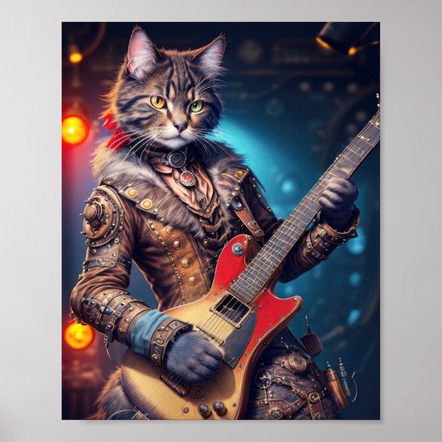 Affiche Chat rock steampunk jouant de la guitare sur une s (Devant)