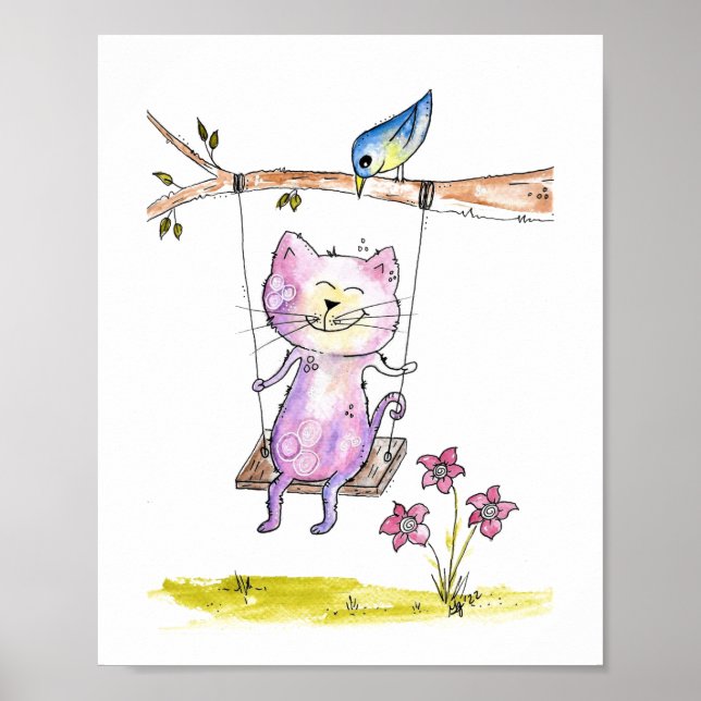 Affiche Chat rose blanc mignon à la couture (Devant)